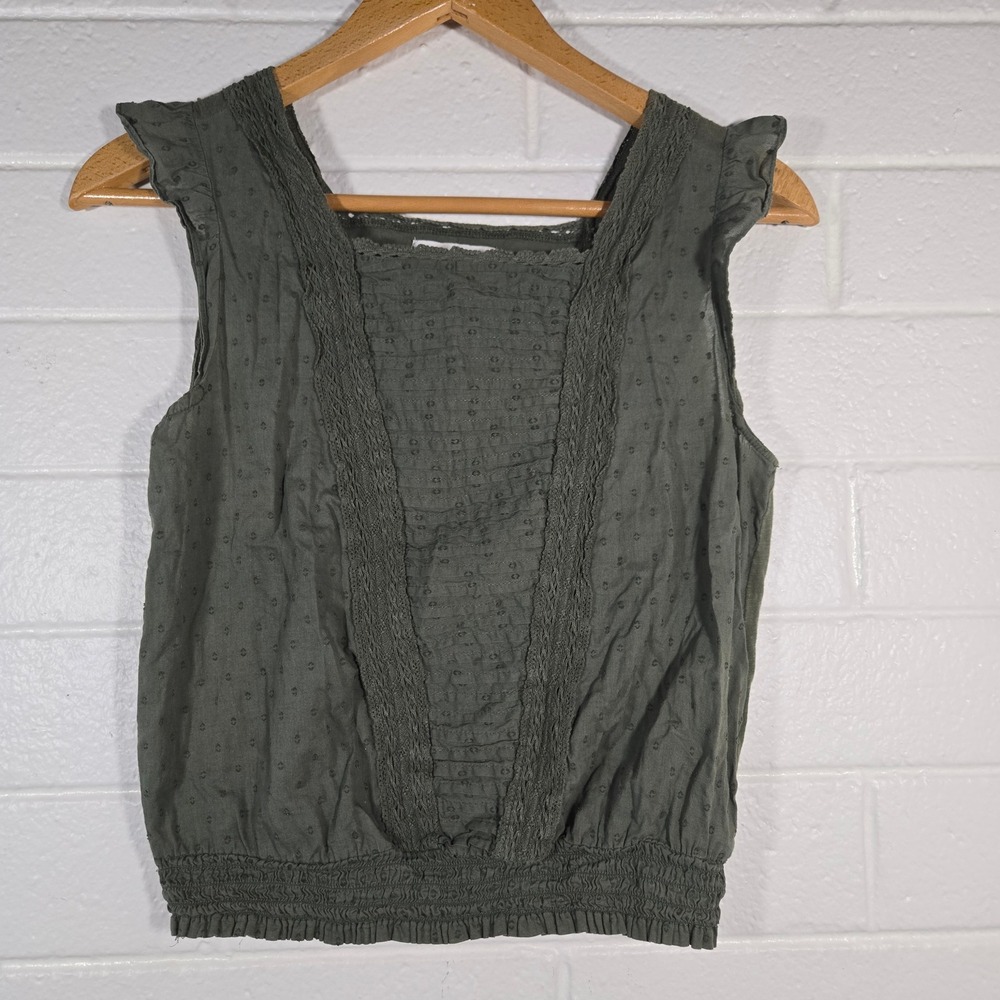 Lucky Brand  Lace Trim Ruffle Smocked Top Medium Forest Fairy Grunge Hippie Lace